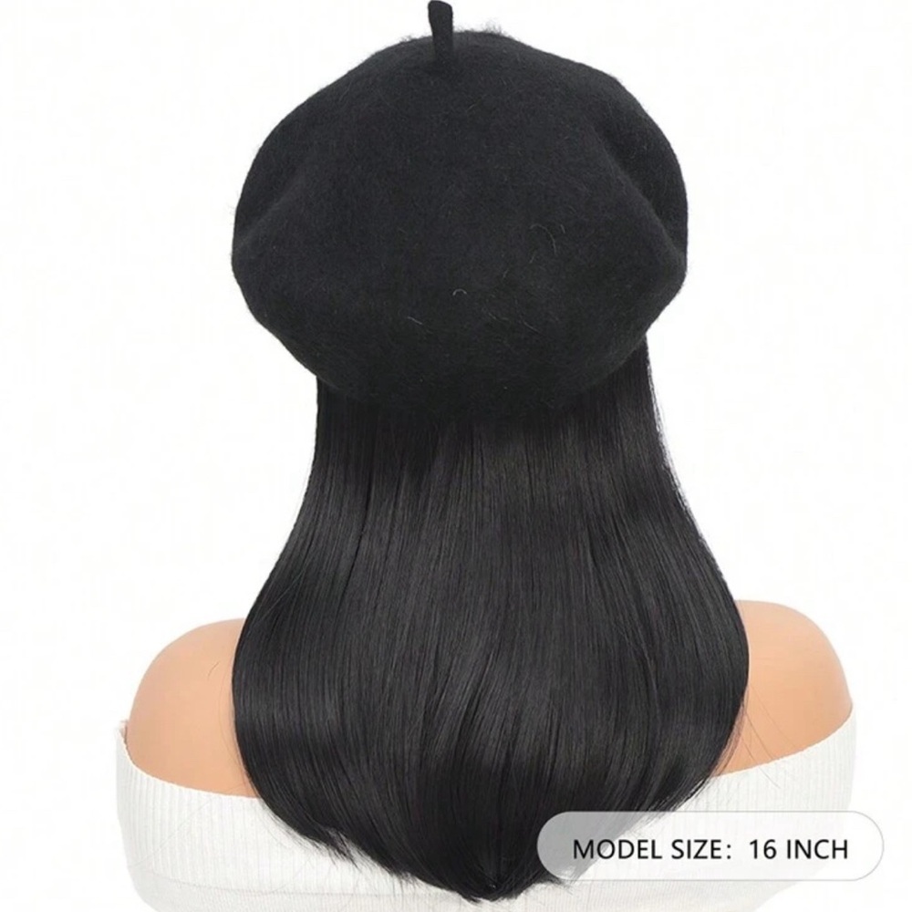 Classic French Fashion Hat Wig Beret Attached 16" Synthetic Straight - Picture 3 of 4